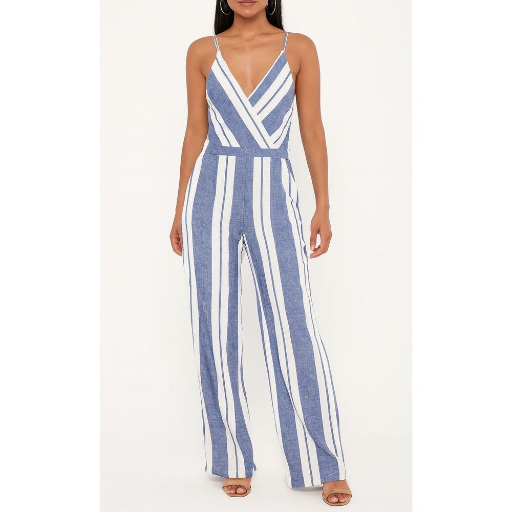 Young Fabulous & Broke Striped V Neck Jumpsuit Blue White Small